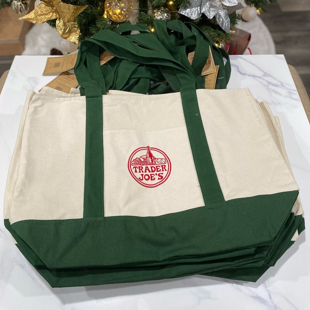 Trader Joe's Green and Cream Tote Bag
